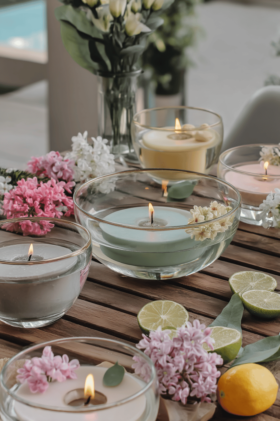 Schwimmkerzen in verschiedenen Farben in Glasschalen mit Blumen und Zitrusfrüchten auf einem Holztisch.