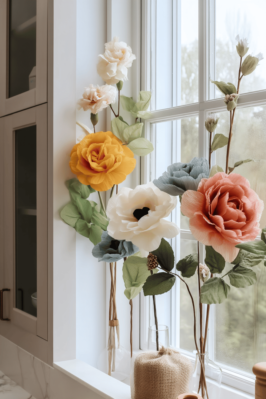 Blumen aus Seidenpapier an einem Fenster arrangiert als Sommerdeko.