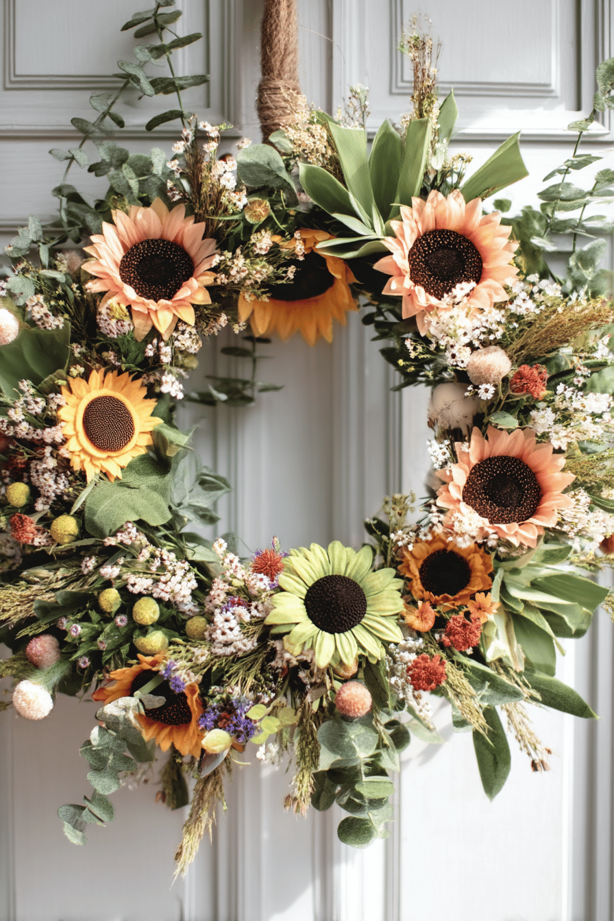 Türkranz mit Sonnenblumen und diversen anderen Blumen auf einer Tür.