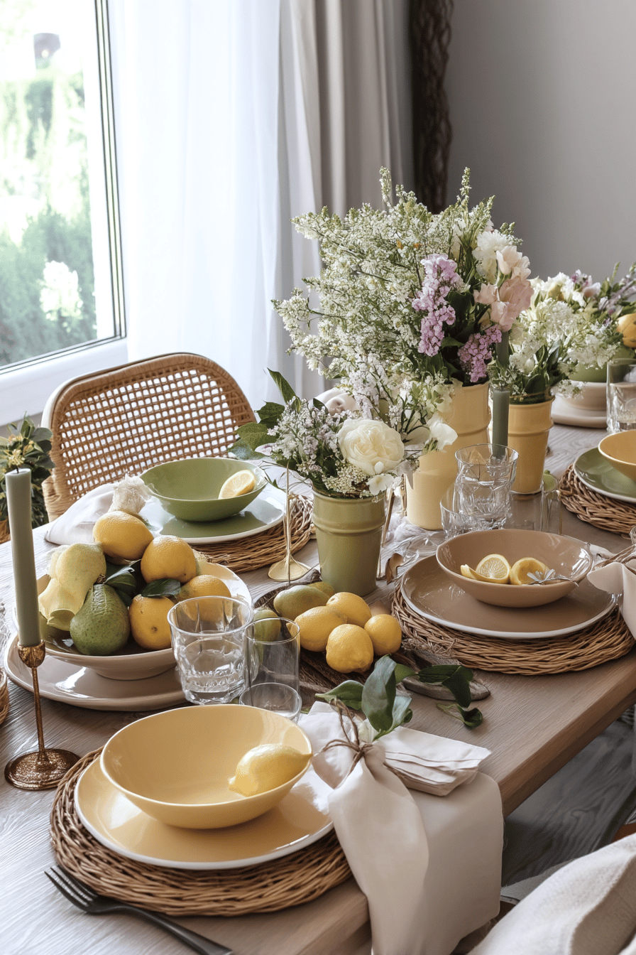 Ein sommerlich gedeckter Tisch mit gelbem und grünem Geschirr, umgeben von Blumen und Zitronen.