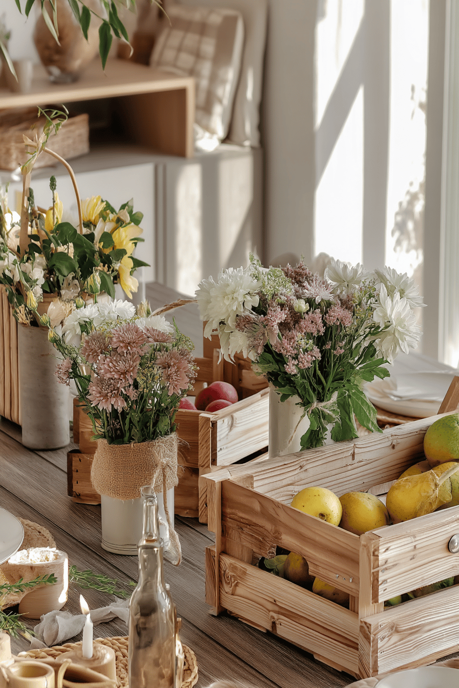 Holzkisten auf einem Tisch, dekoriert mit Blumen und Obst.