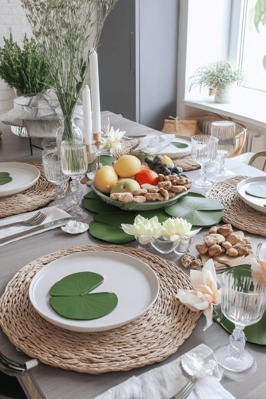Ein stilvoll gedeckter Tisch mit Seerosenblättern, Obst und Kerzen.