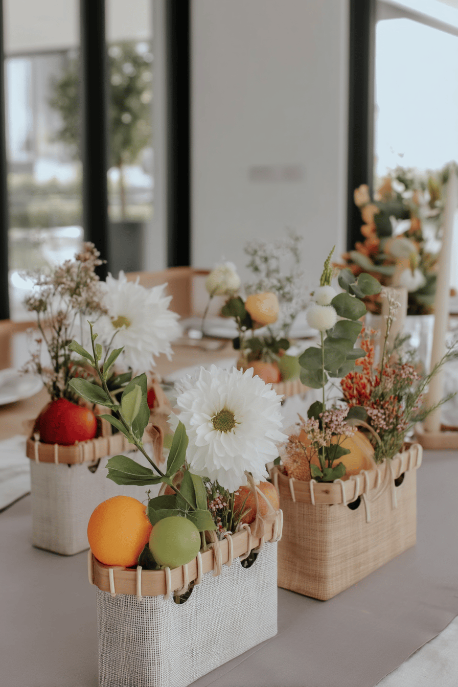 Tischdekoration mit Blumen und Früchten in natürlichen Behältern.
