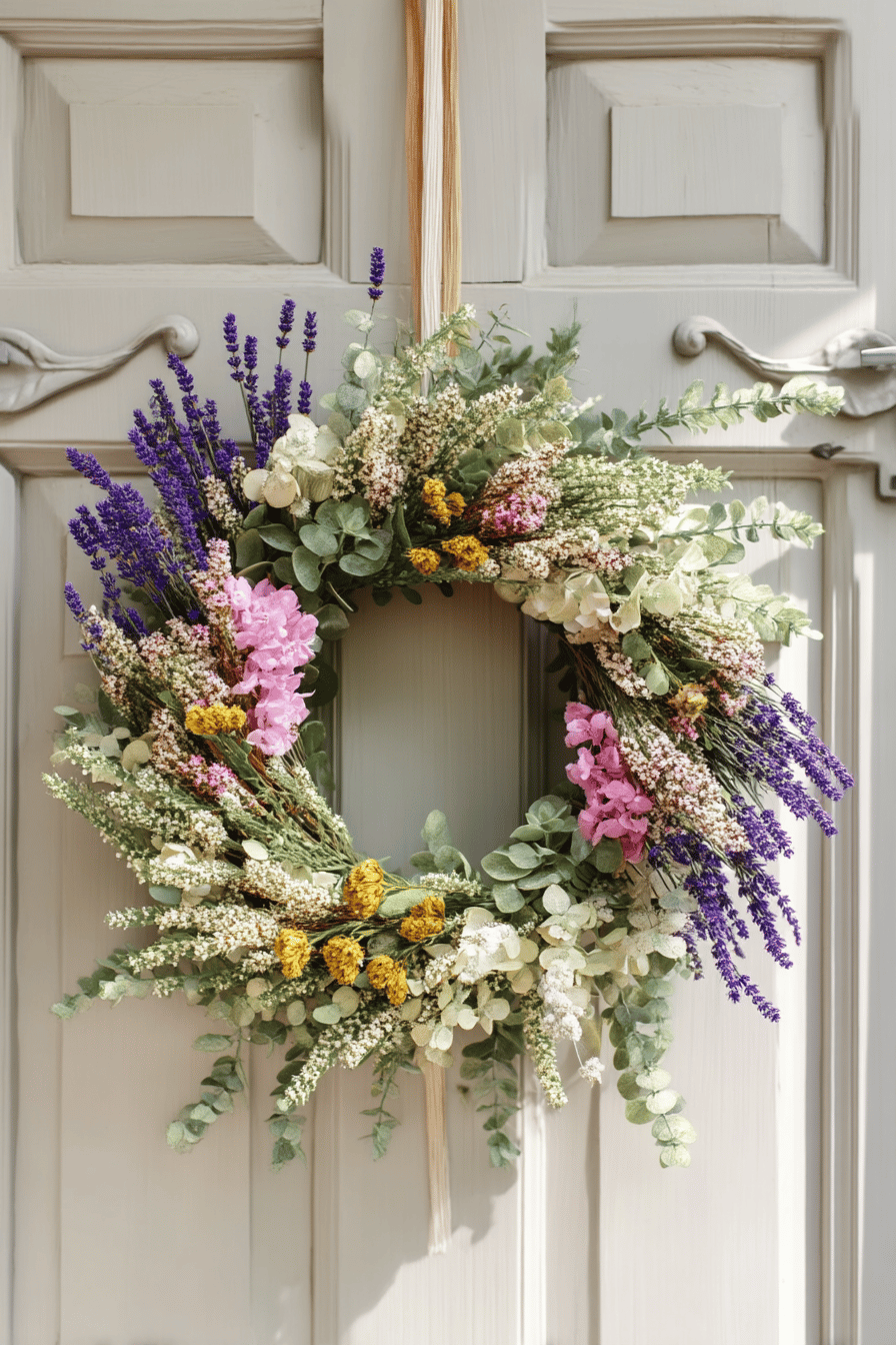 Ein bunter Türkranz aus Lavendel, Hortensien und verschiedenen Blumen an einer Holztür.