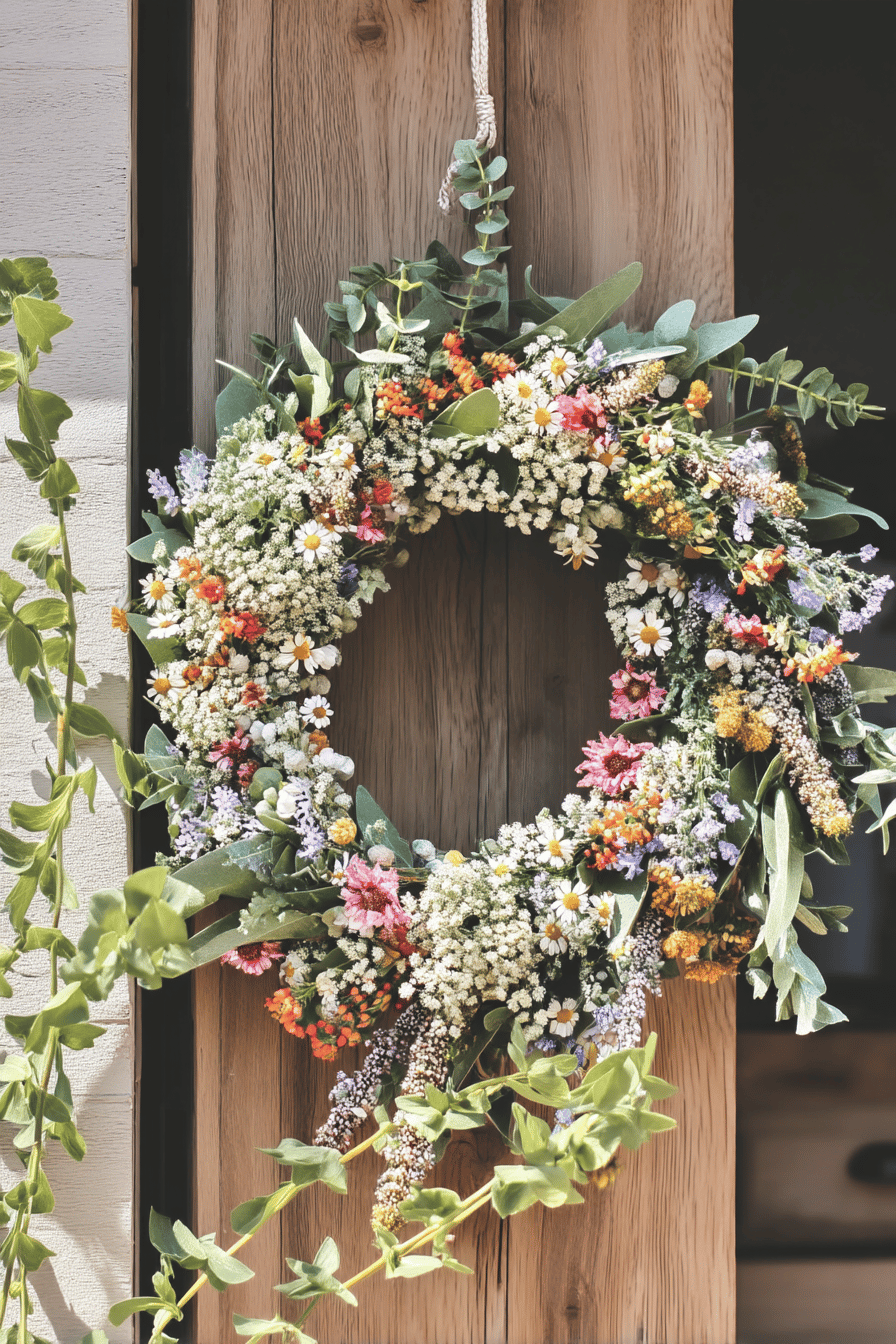 Ein farbenfroher Türkranz aus verschiedenen Wiesenblumen und grünen Blättern an einer Holztür.