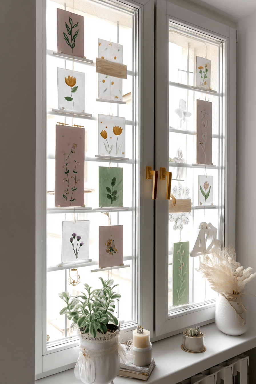 Ein Fenster mit bemalten Tafeln in verschiedenen Blumenmotiven und neutralen Farben.