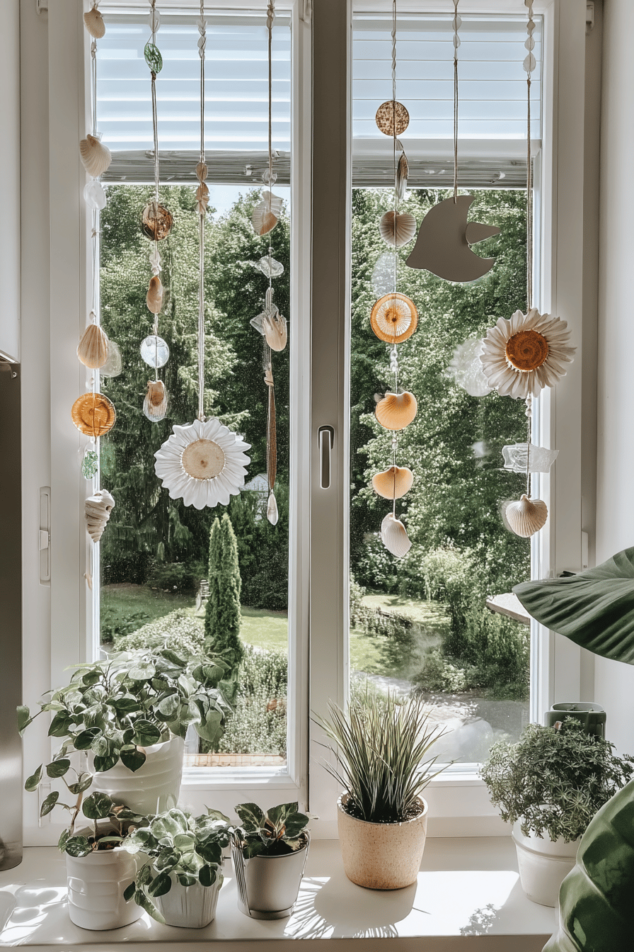Fenster mit hängender Sommerdeko aus Muscheln und Trockenblumen, dahinter eine grüne Gartenlandschaft.