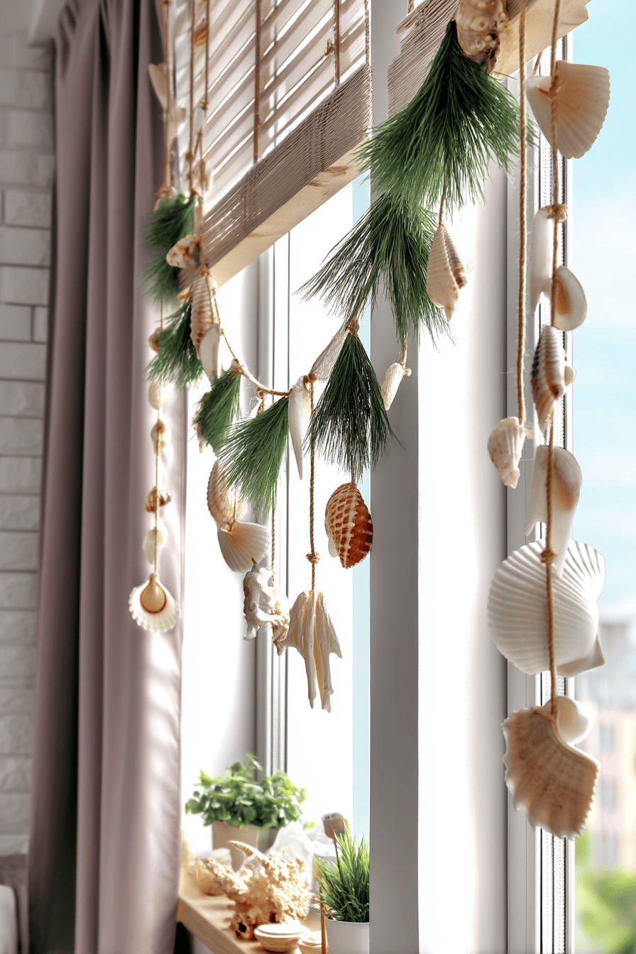 Ein Fenster mit dekorativen Naturmaterialien wie Muscheln und Zweigen.