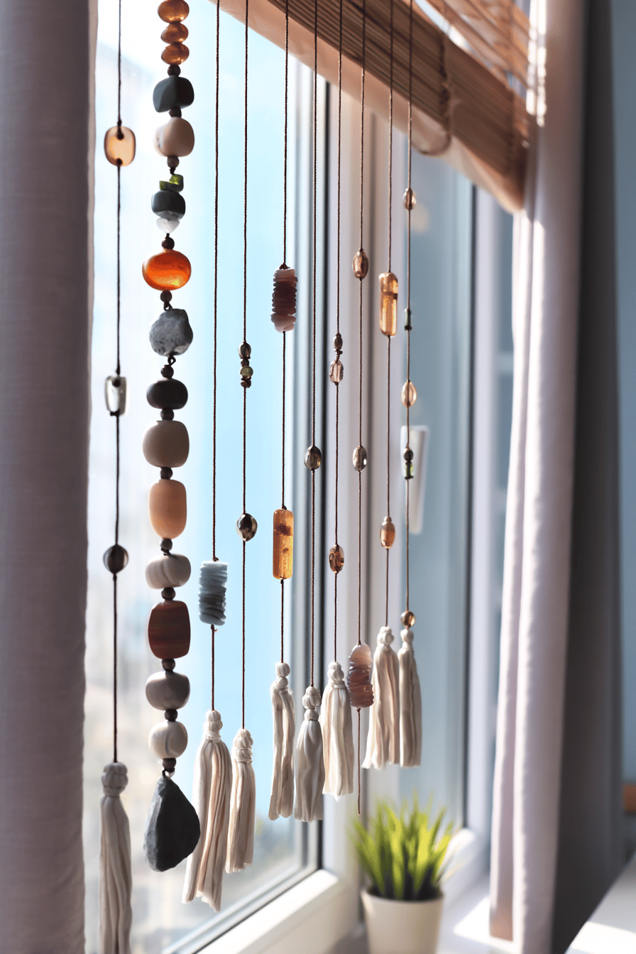 Fensterhänger aus bunten Perlen und Stoffquasten vor einem Fenster.