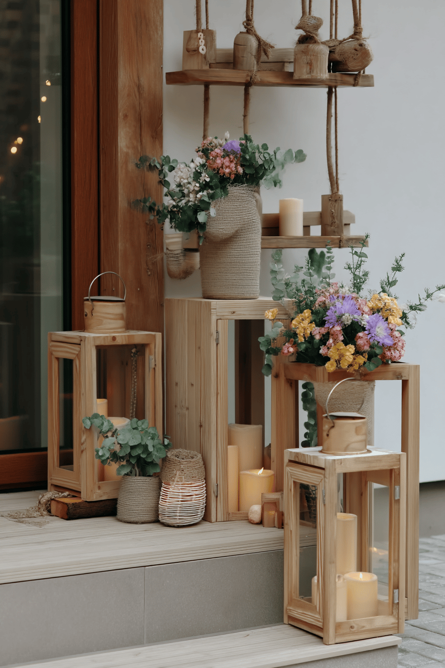 Holzlaternen mit brennenden Kerzen und farbenfrohen Blumen auf einer Eingangstreppe.