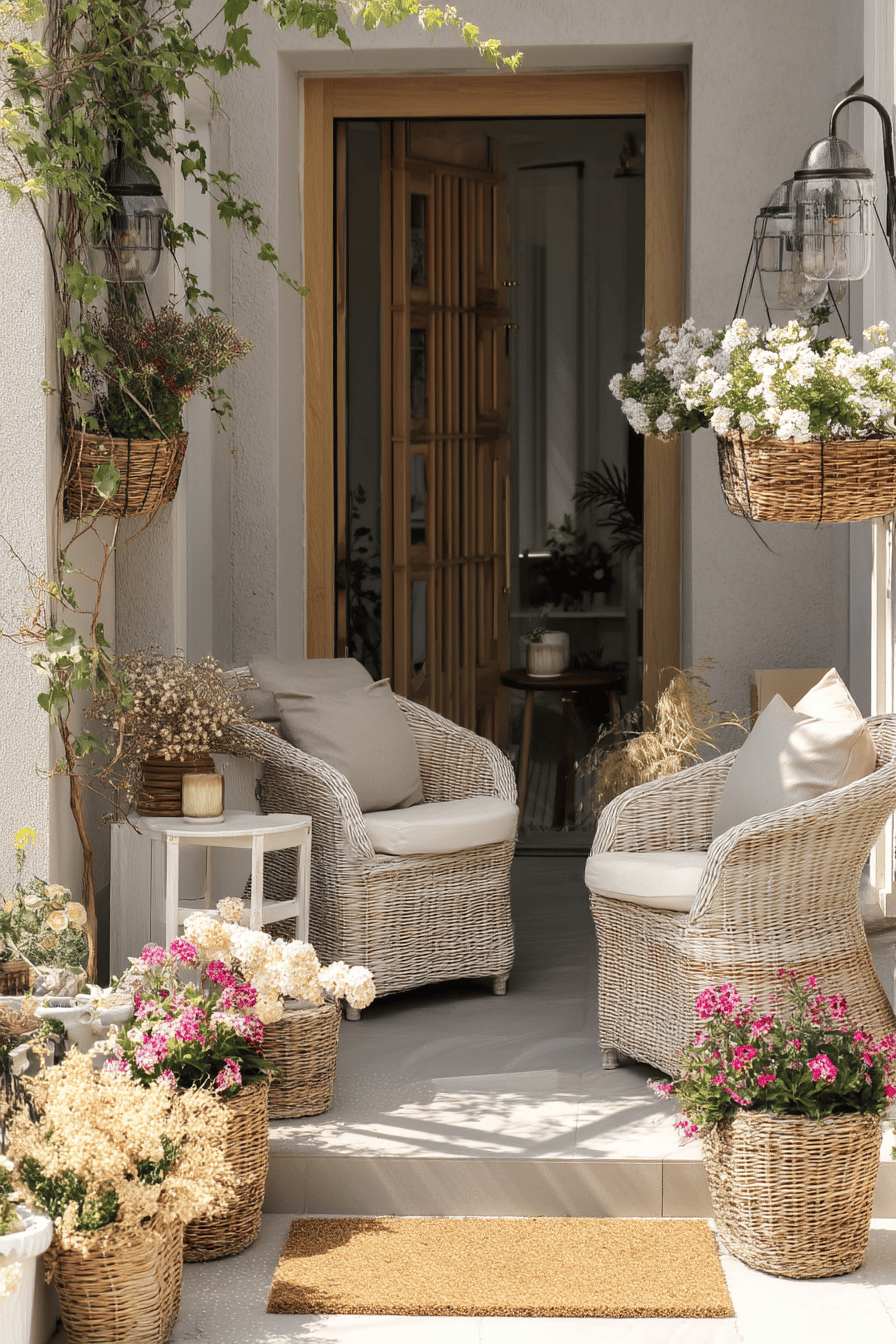 Einladender Hauseingang mit Rattan-Gartenstühlen und blühenden Pflanzen.