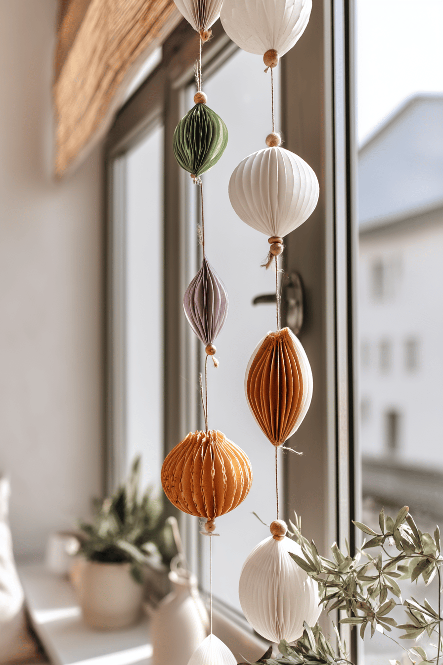Bunte Papieranhänger in verschiedenen Farben und Formen hängen vor einem Fenster.