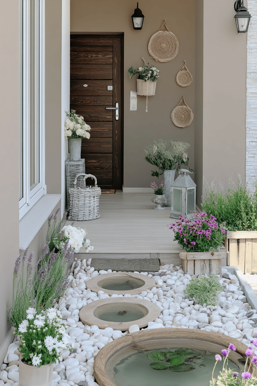 Ein attraktiver Hauseingang mit dekorativen Wasserspielen und Blumenarrangements.