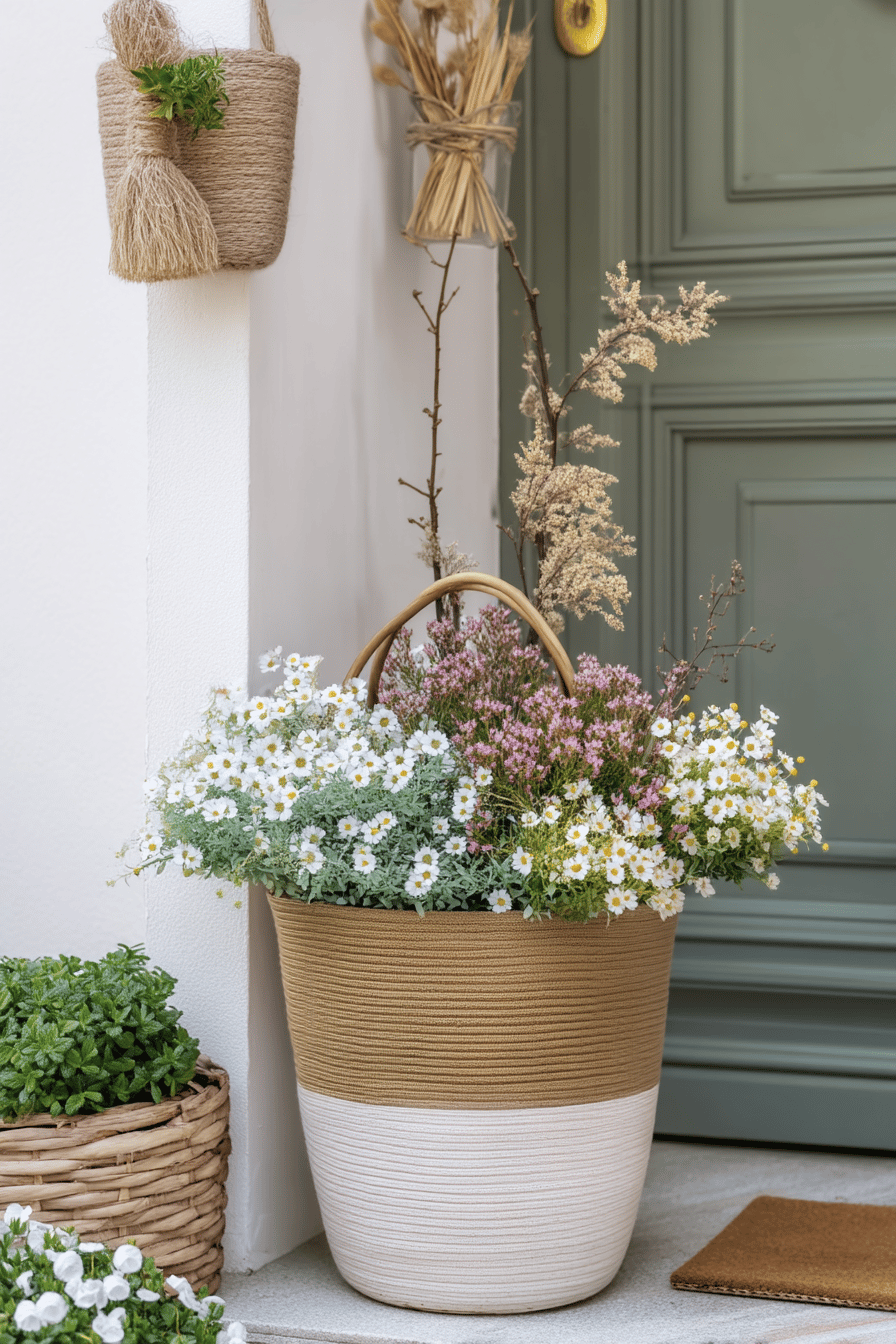 Ein dekorativer Blumenkübel mit weißen und lila Blumen am Hauseingang.
