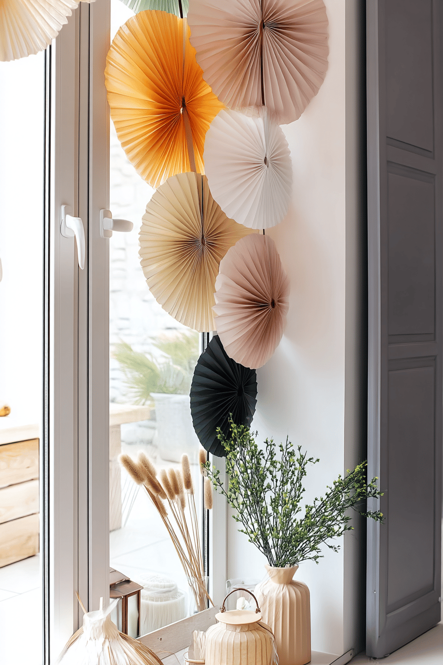 Bunte Papierfächer in verschiedenen Farben hängen am Fenster.