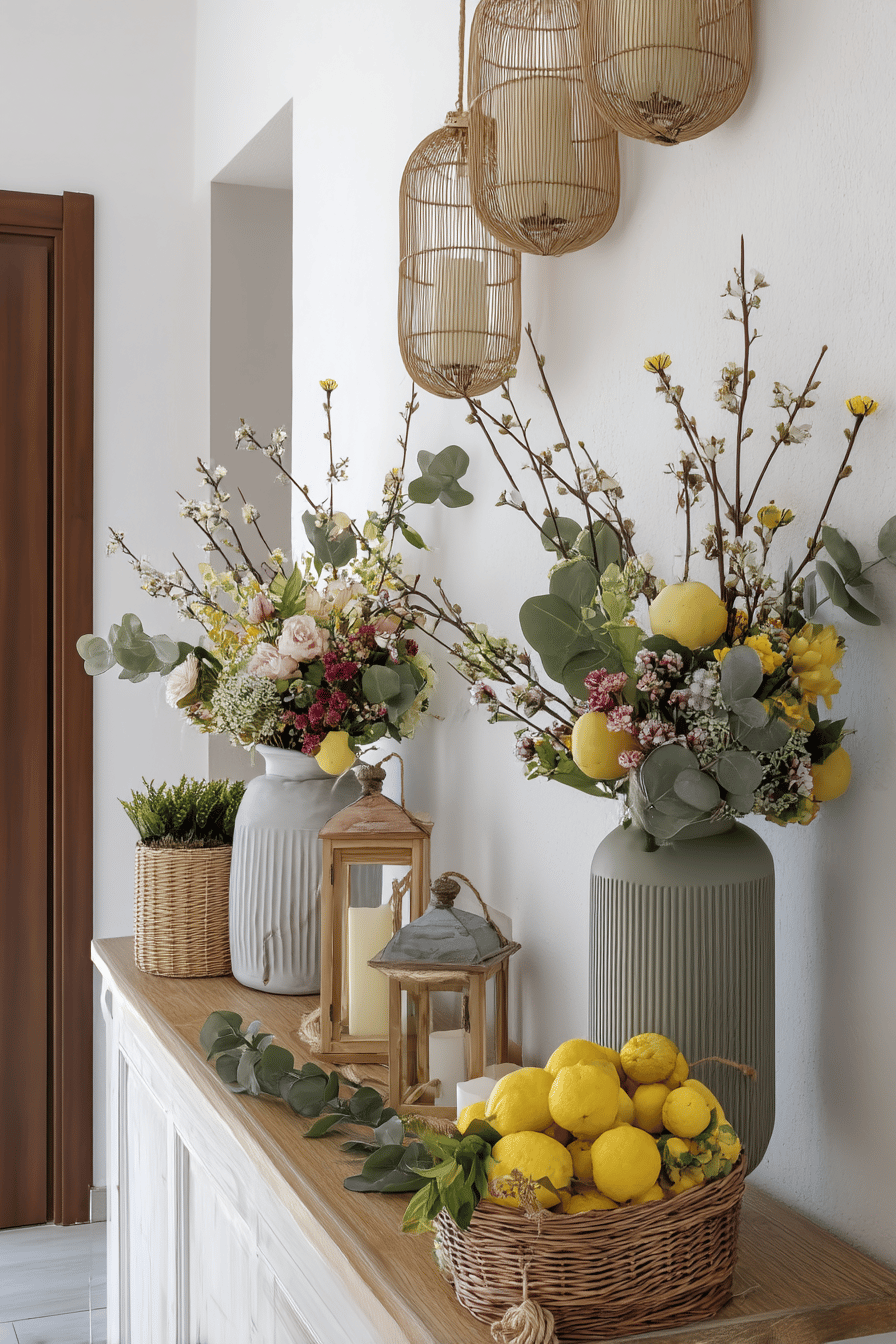 Ein sommerlicher Hauseingang mit Blumenarrangements, Zitronen und Kerzen.