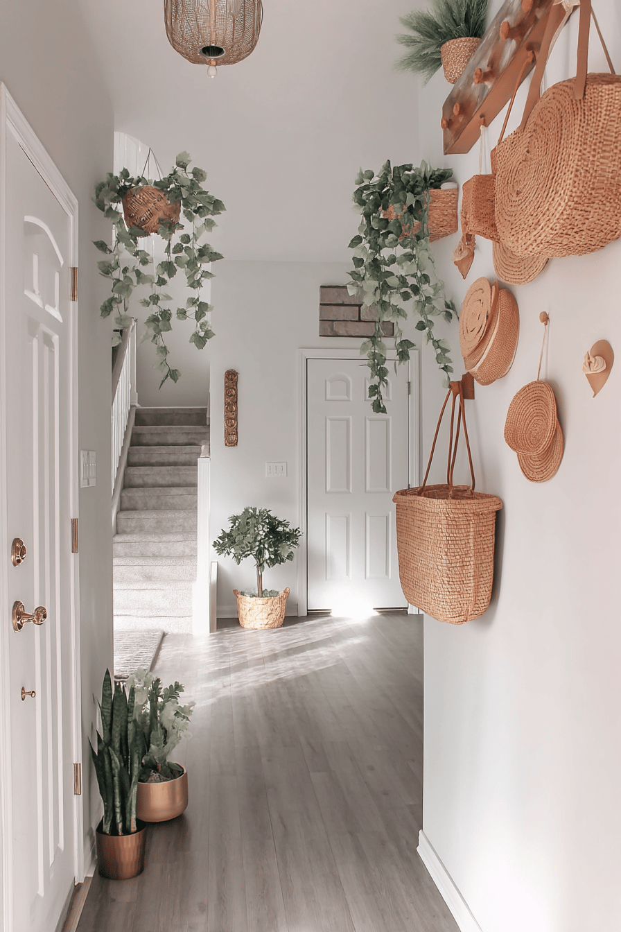 Ein Hausflur mit hängenden Pflanzen und dekorativen Körben an der Wand.
