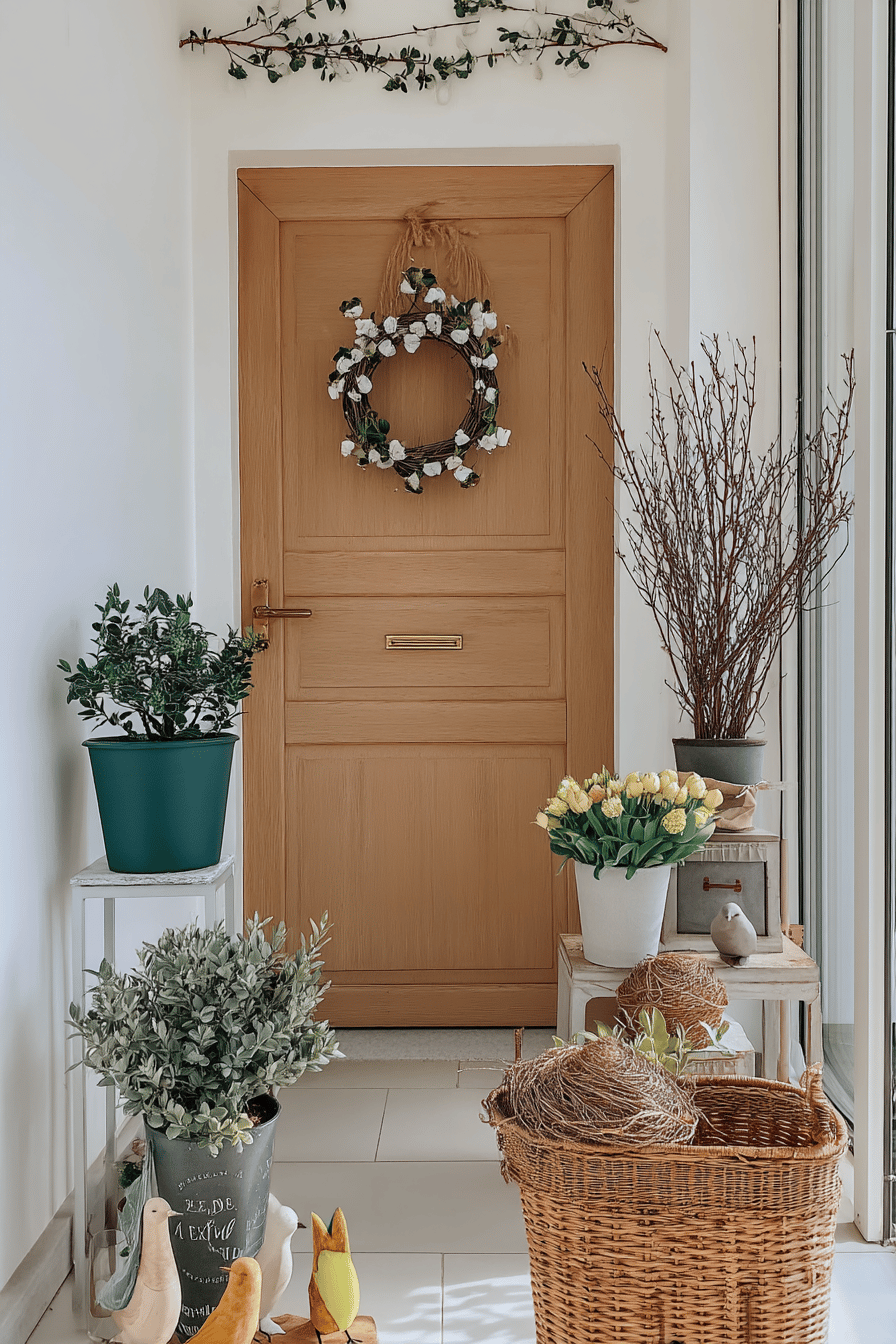 Ein einladend dekorierter Hauseingang mit Blumen, Körben und Vogelmotiven.