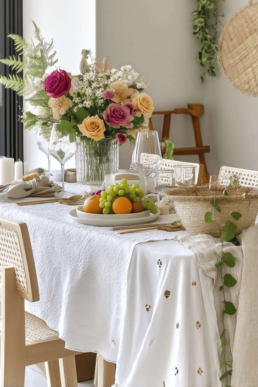Ein stilvoll gedeckter Tisch mit weißer Spitzendecke, Blumen, Obst und Kerzen.