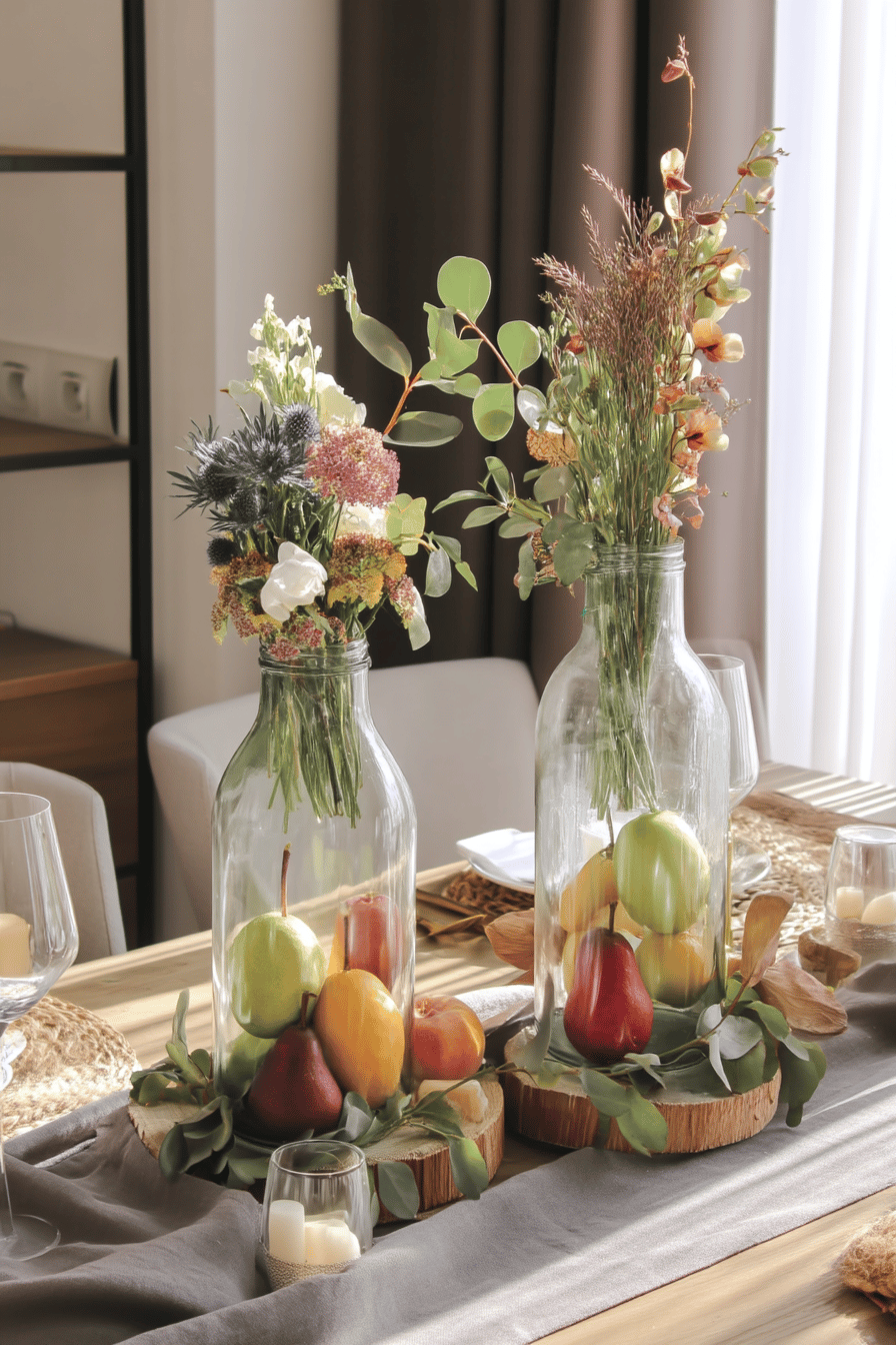 Ein Tisch mit DIY-Vasen aus recycelten Gläsern gefüllt mit buntem Obst und dekorativen Blumen.