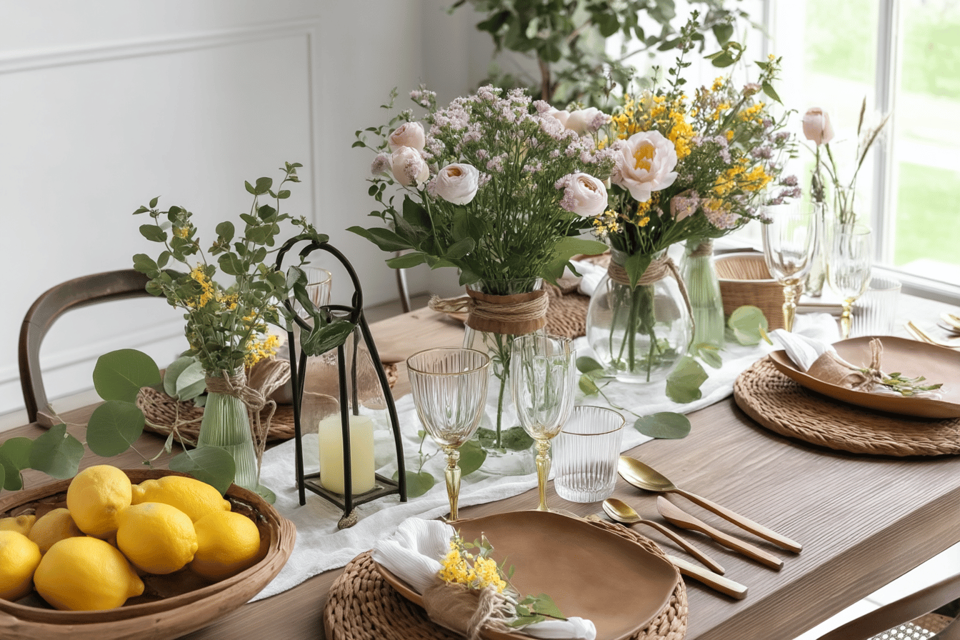 Elegant gedeckter Tisch mit Blumen und Zitronen