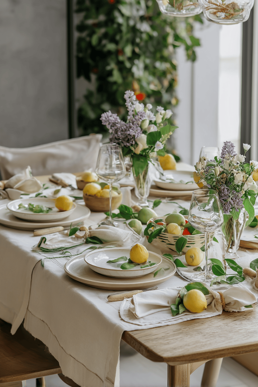 Ein sommerlich gedeckter Tisch mit blühenden Blumen und Zitronen als Dekoration.