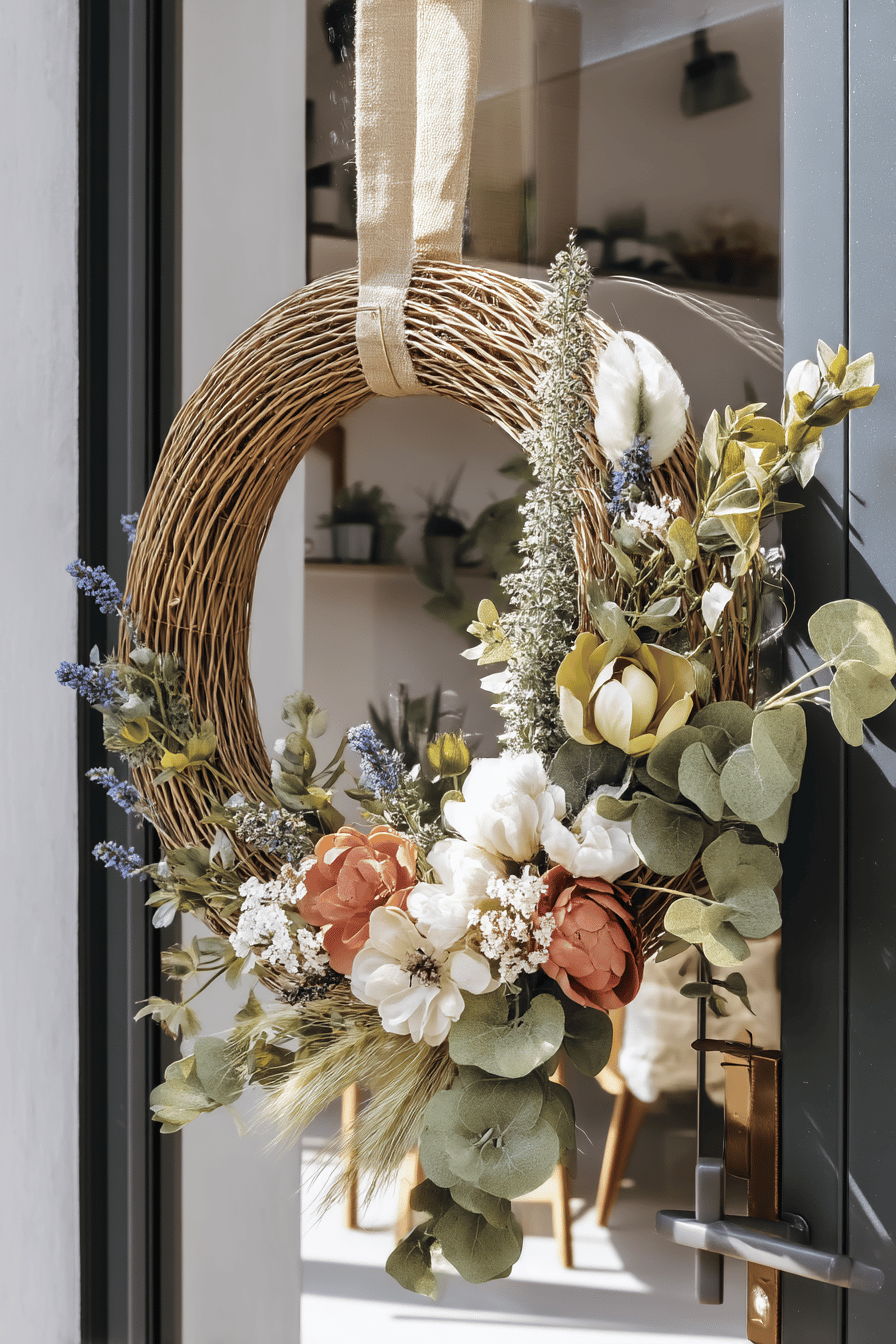 Ein sommerlicher Türkranz aus Weidenholz, geschmückt mit bunten Blüten und grünen Blättern.