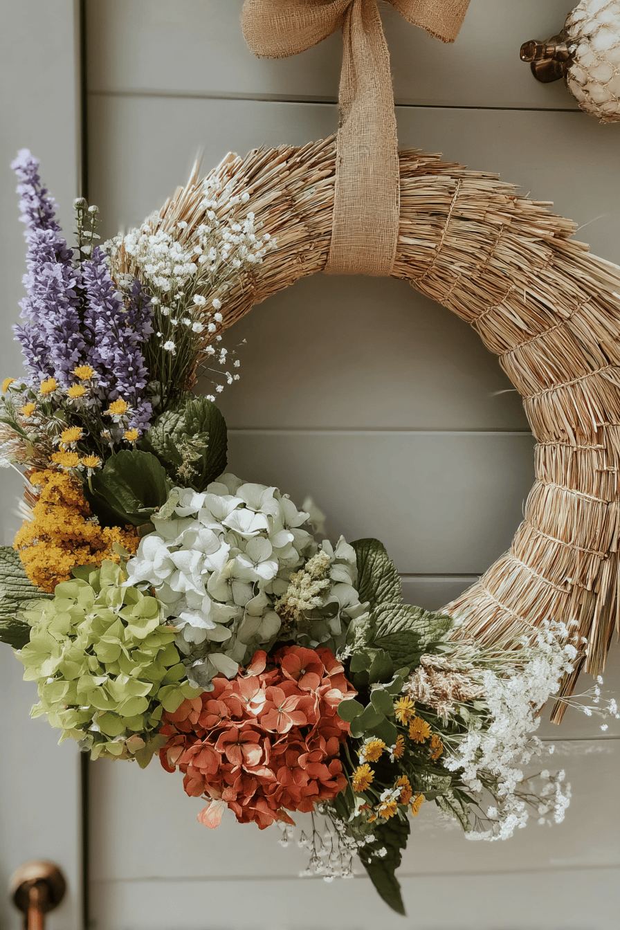 Ein dekorativer Türkranz aus Stroh mit bunten Blumen.