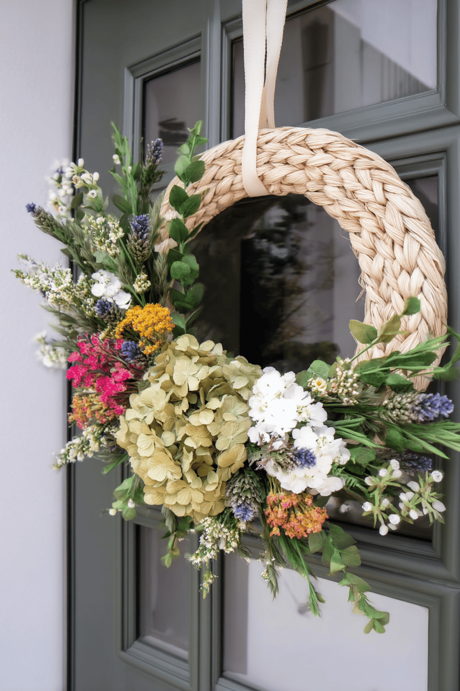 Ein Strohrandkranz mit bunten Sommerblumen geschmückt.