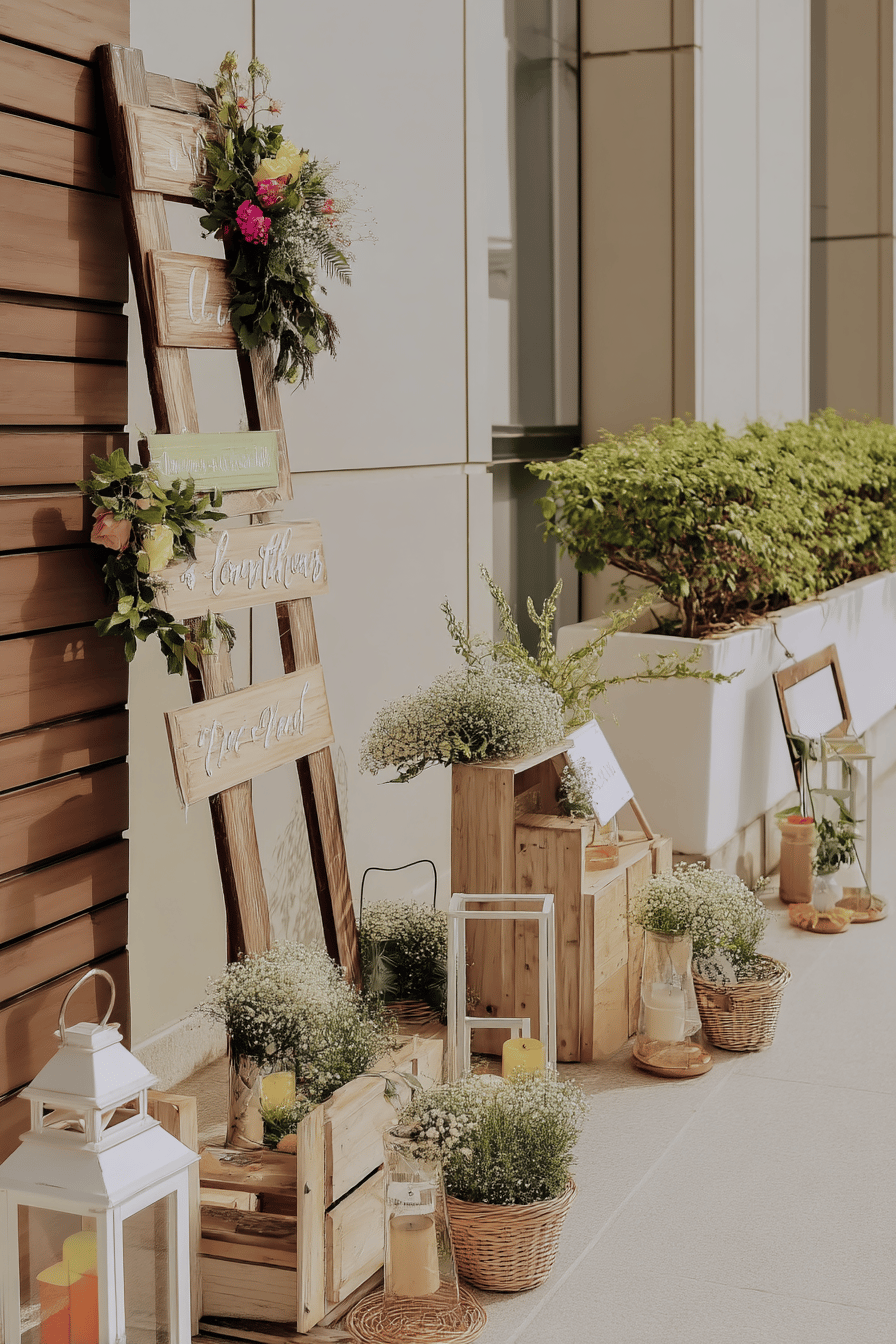 Einladend dekorierte Terrasse mit Schildern, Blumen und Kerzen für eine Hochzeit.
