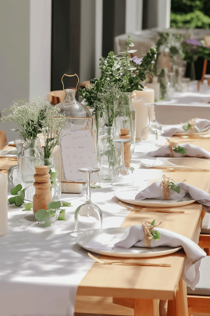 Elegant gedeckter Tisch im Freien mit natürlichen Elementen und dezenter Blumendeko.
