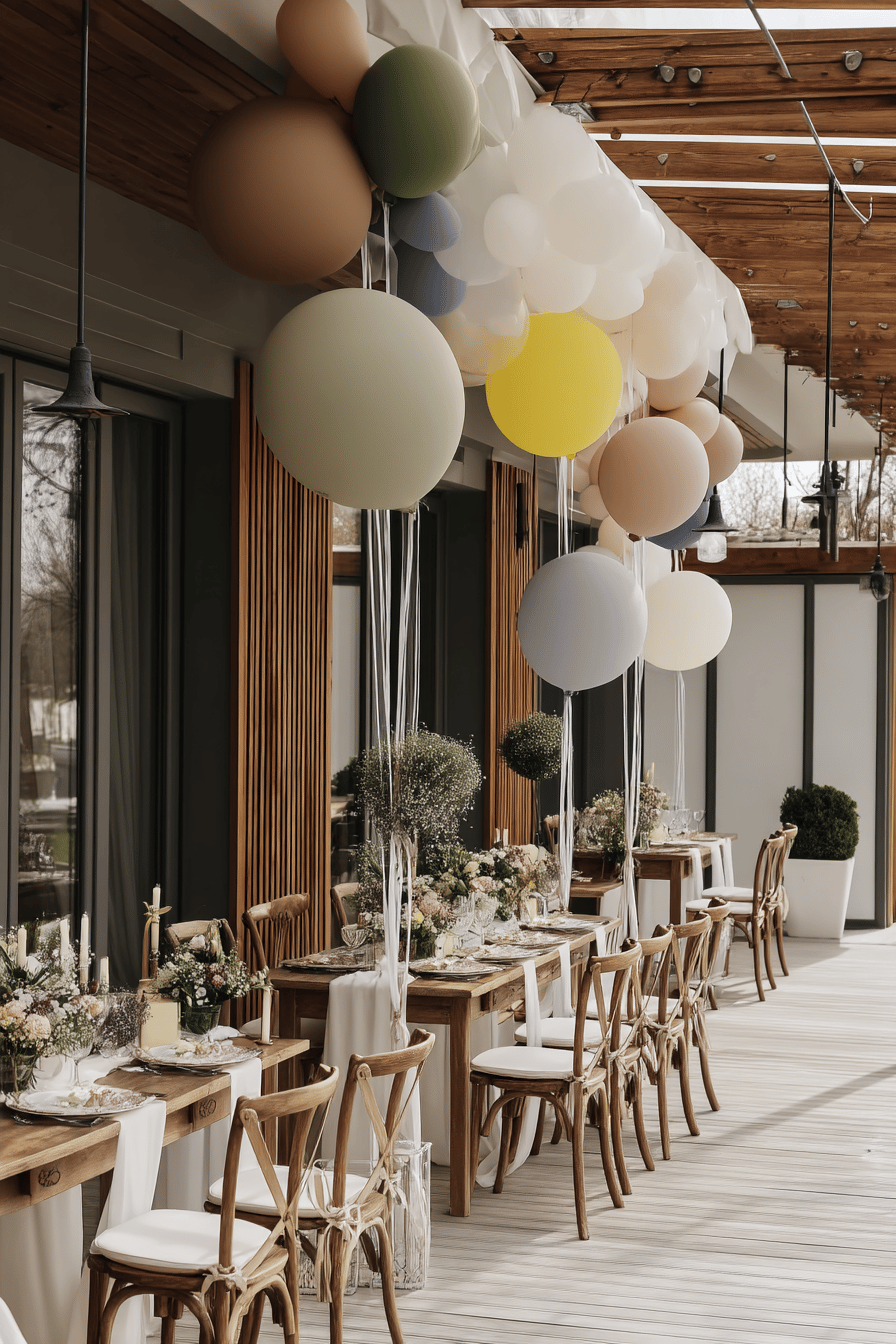 Elegante Hochzeitsdekoration mit bunten Ballons über langen Holztischen.