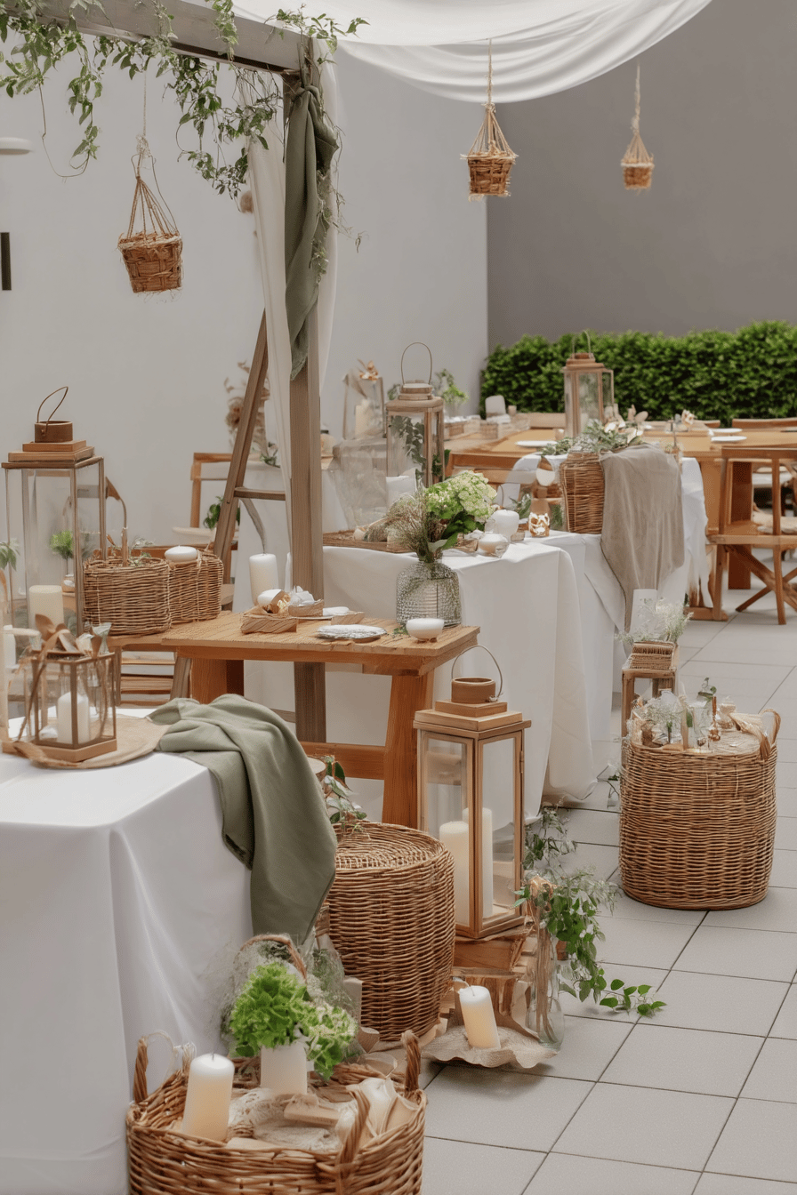 Holztische und geflochtene Körbe schmücken eine elegant dekorierte Hochzeitsterrasse.