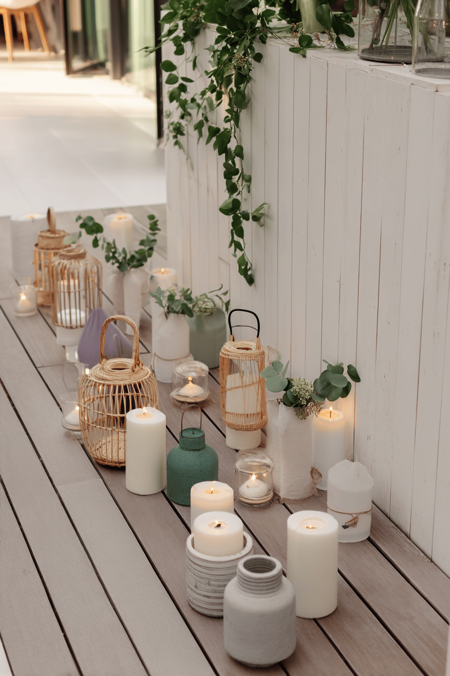 Verschiedene Kerzen und Laternen schmücken den Boden einer Terrasse mit grünen Pflanzen im Hintergrund.