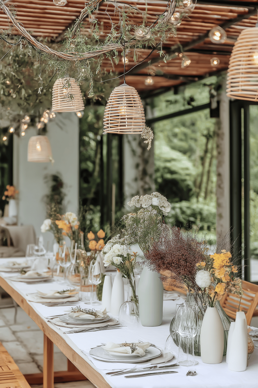 Elegante Terrassendekoration mit Hängelampen und Blumenarrangements für eine Hochzeit.