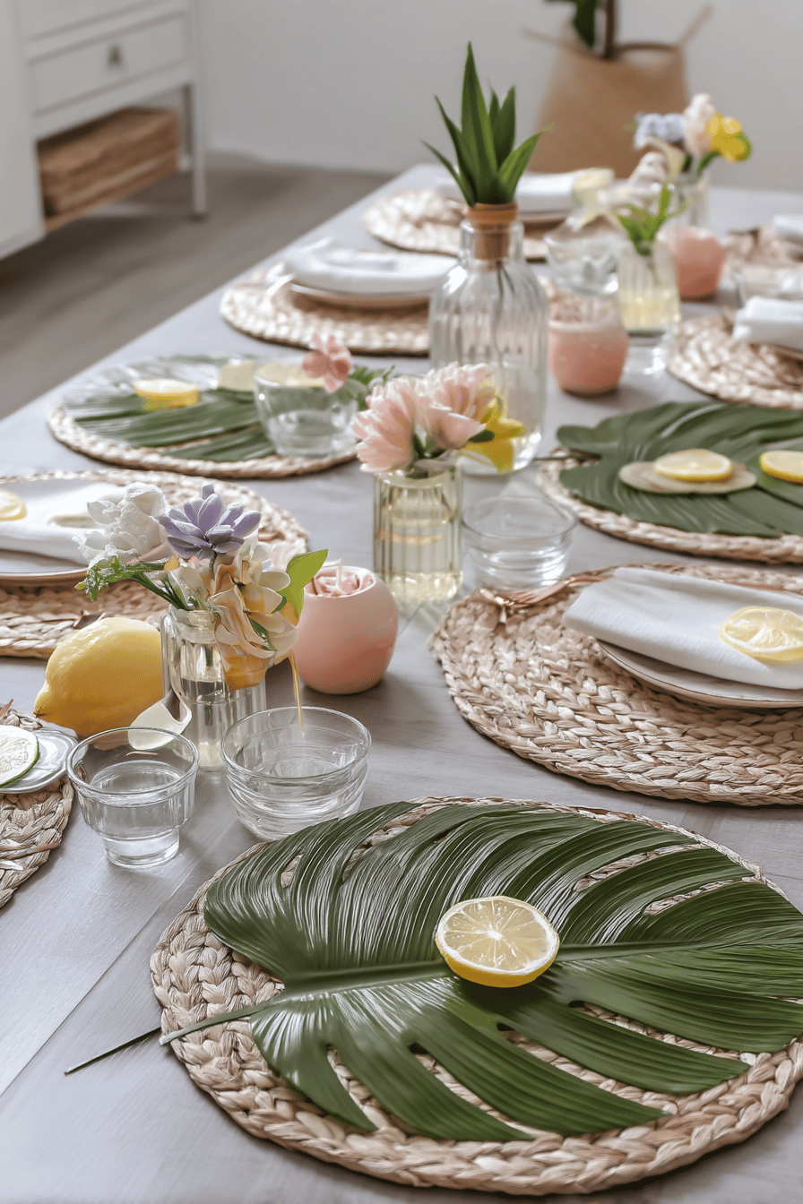Ein stilvoll gedeckter Tisch mit großen Blättern als Platzsets, ergänzt durch Zitrusscheiben und Blumen.
