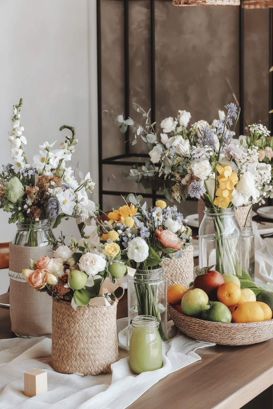 Ein Tisch mit bunten Blumenbouquets und einer Schale mit Früchten.