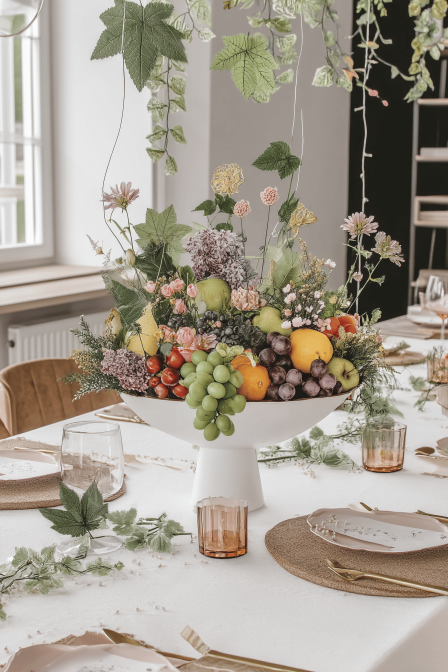 Tischdekoration mit einer Mischung aus Früchten und Blumen in einer Schale.