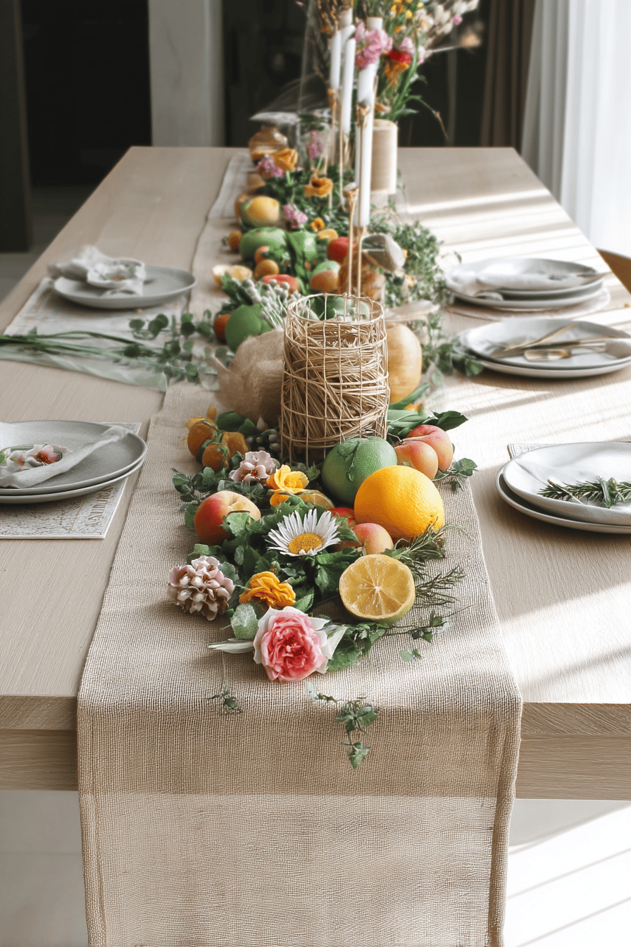 Tisch mit natürlichem Tischläufer, dekoriert mit Früchten und Blumen.