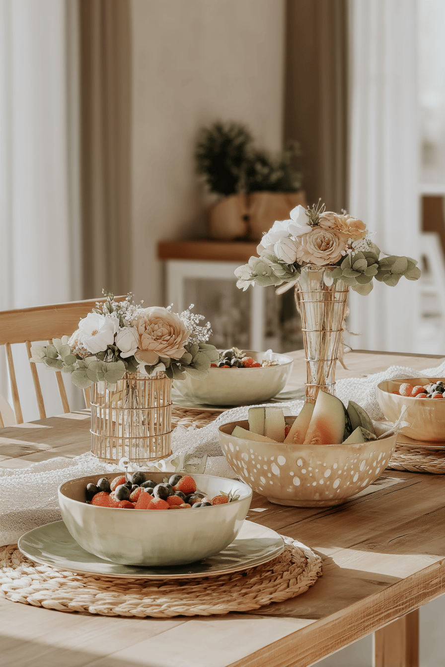 Ein sommerlich gedeckter Tisch mit Schalen in Pastelltönen, gefüllt mit Früchten und dekorativen Blumen.