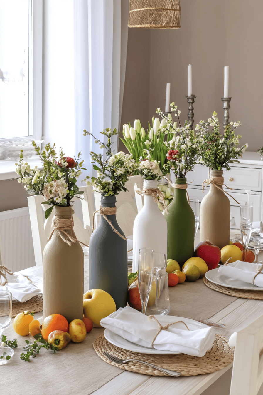 Ein Esstisch dekoriert mit bemalten Flaschen, befüllt mit Blumen und umgeben von Früchten.