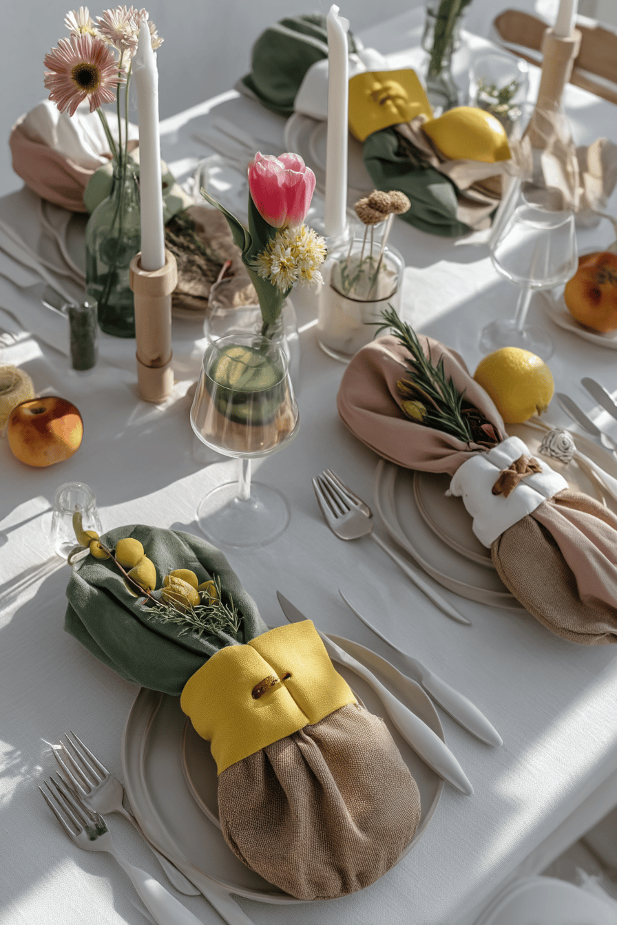 Sommerlich gedeckter Tisch mit Jute- und Stofftaschen für Besteck.