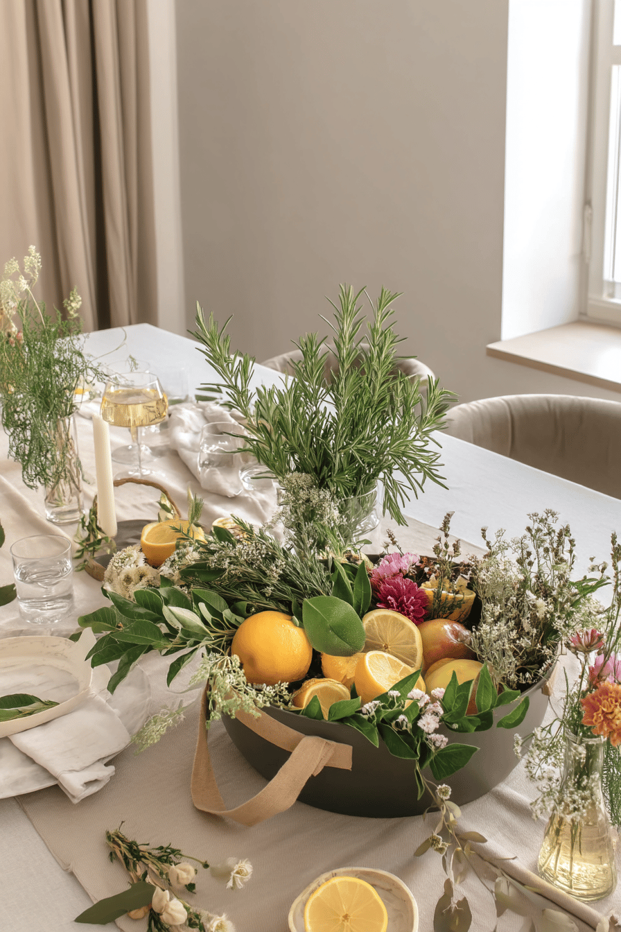 Ein sommerlich dekorierter Tisch mit frischen Kräutern, Zitronen und Orangen in der Mitte.