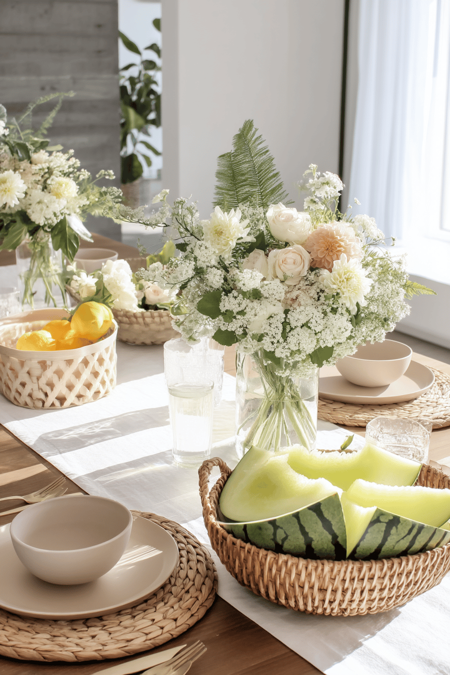 Ein sommerlich dekorierter Tisch mit weißen Blumen, Früchten und neutralem Geschirr.