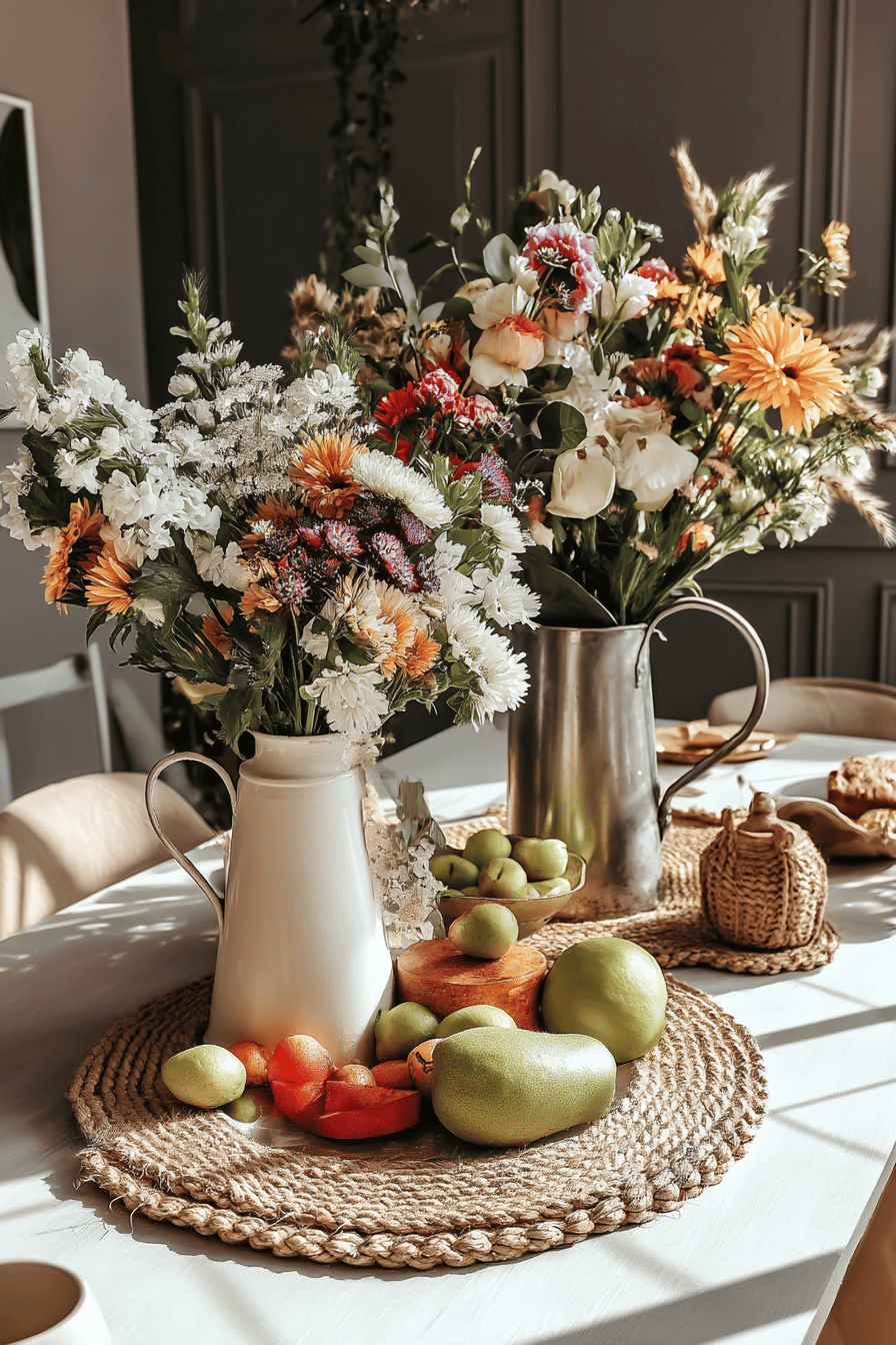 Ein sommerlich dekorierter Tisch mit Blumen in alten Kannen und frischen Früchten.
