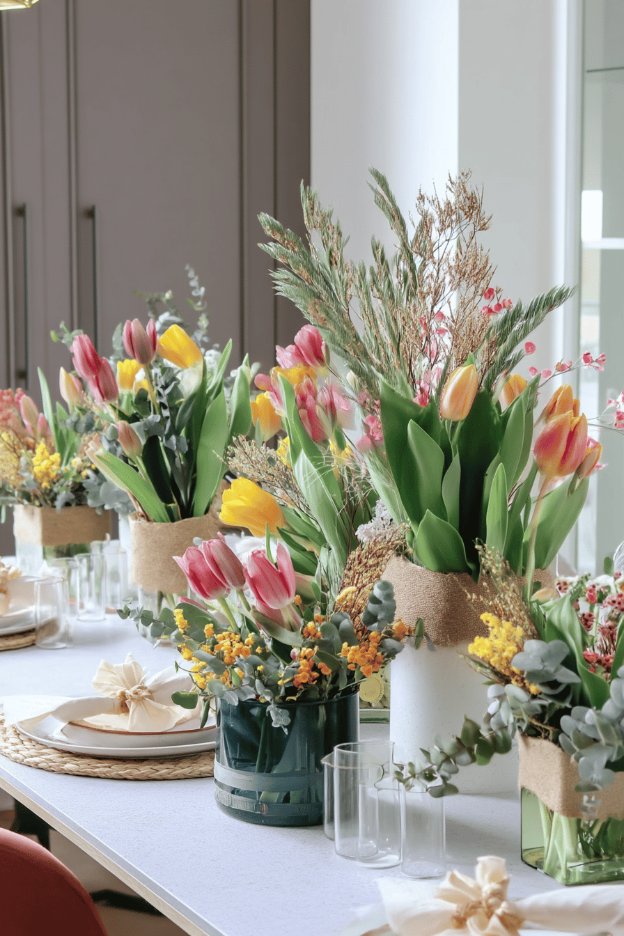 Ein Tisch mit mehreren Vasen voller farbenfroher Tulpen und dekorativen Elementen.