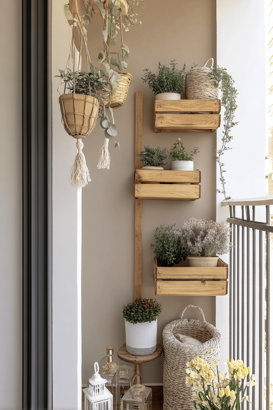 Ein kleiner Balkon mit hängenden und an der Wand befestigten Pflanzen in Holzkisten.