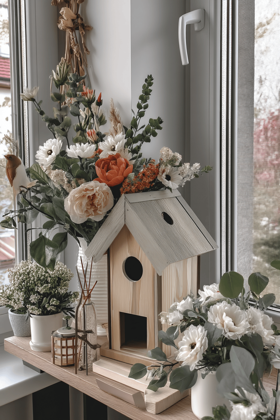 Holz-Vogelhäuschen umgeben von Blumenarrangements auf einem Fensterbrett.