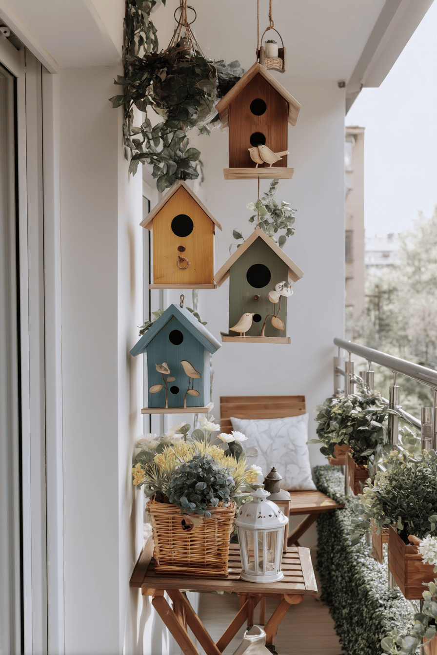 Ein Balkon mit mehreren bunten Vogelhäusern und Pflanzen.