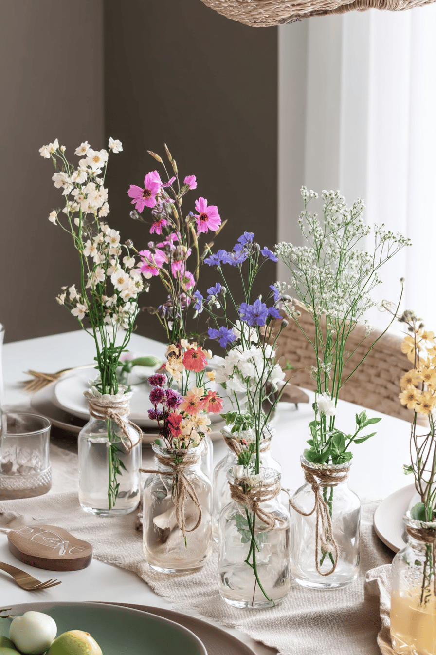 Verschiedene bunte Wiesenblumen in kleinen Glasvasen auf einem Tisch.